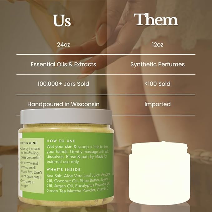 Bare Botanics Matcha Eucalyptus Body Scrub 24 oz - Naturally Scented Sea Salt Scrub Made in Madison, WI - Formulated w/Skin Loving Moisturizers - Vegan, Cruelty Free Exfoliator w/a Cute Wooden Spoon-Velvo Beauty