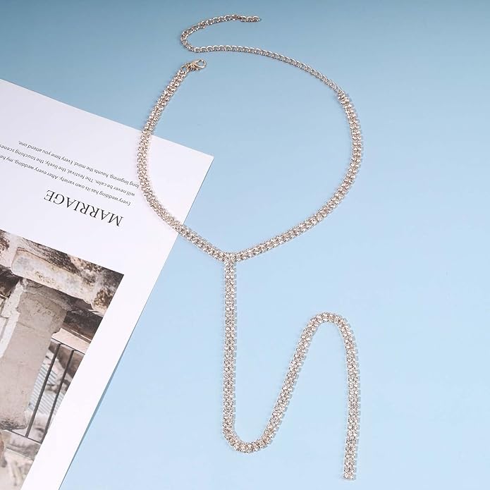 Boho Rhinestone Crystal Y Necklace Tennis Chain Y Lariat Necklace Long Gold CZ Drop Chain Necklace Sparkle Party Nightclub Necklace Chain Jewelry for Women and Girls-Velvo Beauty