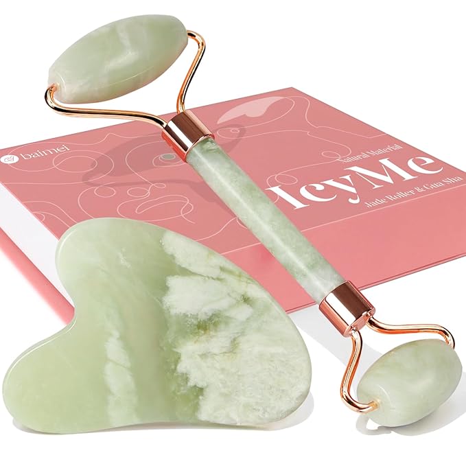 BAIMEI Jade Roller & Gua Sha Set Face Roller and Gua Sha Facial Tools for Skin Care Routine and Puffiness, Self Care Gift for Men Women - Light Green-Velvo Beauty