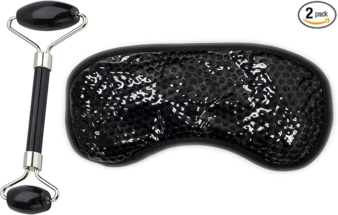 Eye Mask Set (2packs) - Hot and Code Eye Mask and Facial Roller Tools Set 100% Natural Jade Stone Beauty Massage Body Eyes Neck for Dark Circles and Puffiness-Color Black-Velvo Beauty