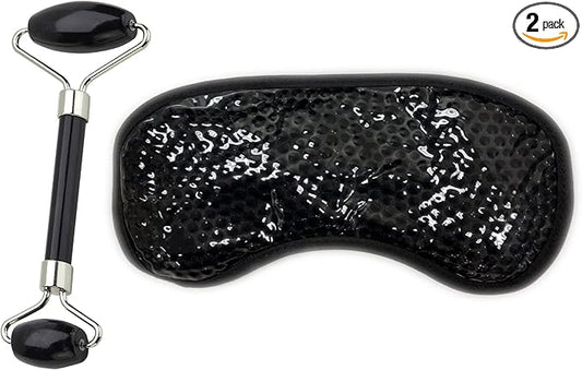 Eye Mask Set (2packs) - Hot and Code Eye Mask and Facial Roller Tools Set 100% Natural Jade Stone Beauty Massage Body Eyes Neck for Dark Circles and Puffiness-Color Black-Velvo Beauty