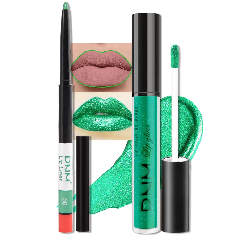 evpct 2Pcs Green Shimmer Glitter Shiny Liquid Lipstick Lip Gloss Stain and Retractable Lip Liner Makeup Set for Women Long Lasting Waterproof 24 Hours Lipstick labial mate larga duracion 24 50#-Velvo Beauty