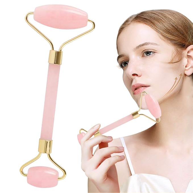 Jade Roller,Rose Quartz Roller for Face,Jade Skincare Tool,Jade Facial Roller,Eye Roller Anti Aging Jade Massager Roller Slimming Healing Chakra Tool A-Rose Quartz (Golden)-Velvo Beauty