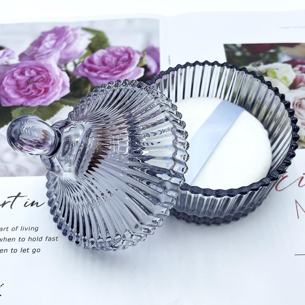 Ultra Soft Powder Puff and Container 3.3" High Density Velvet Dusting Washable Reusable Powder Puff,Body Powder Puff and Glass Jar Holder Loose Powder Box with Puff for Face Makeup(Gray)-Velvo Beauty