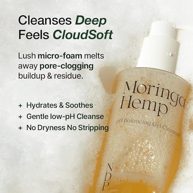 NDP Moringa Hemp Gel Cleanser, Gel-to-Foam, pH Balancing, Vegan, Non-Stripping, Hydrating Face Wash for Sensitive Skin – Fragrance-Free, Clean Beauty, Korean Skincare, 200ml / 6.76 fl oz-Velvo Beauty