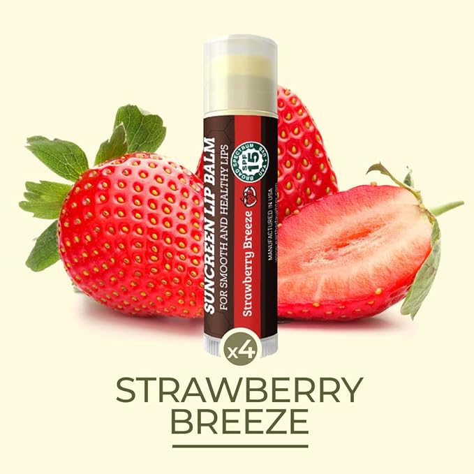 SPF Lip Balm 4-Pack by Earth's Daughter - Lip Sunscreen, SPF 15, Organic Ingredients, Strawberry Flavor, Beeswax, Coconut Oil, Vitamin E - Hypoallergenic, Paraben Free, Gluten Free-Velvo Beauty