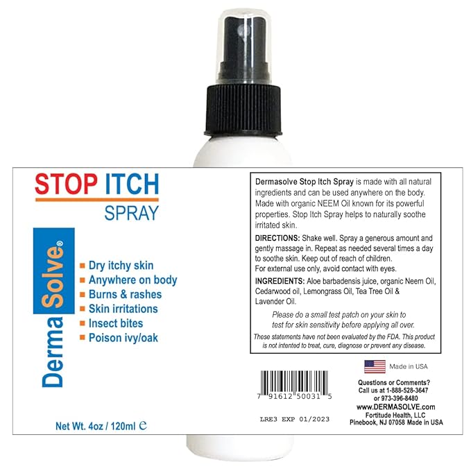 Dermasolve Stop Itch Spray with 100% Organic Neem Oil, Scalp and Body Psoriasis Relief, Dry Skin, Bites, Sunburn, Burns and Rashes-Velvo Beauty