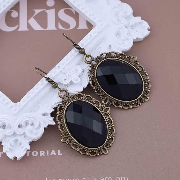 Vintage Black Crystal Drop Earrings Oval Onyx Dangle Earrings Large Onyx Stud Earrings Black Gem Hook Earrings Jewelry for Women and Girls-Velvo Beauty