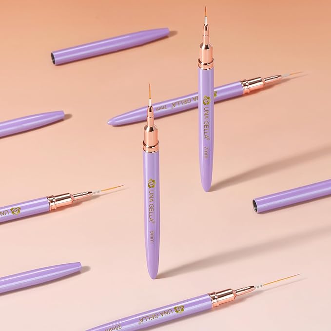 UNA GELLA Nail Art Pens Metallic, Liner Brushes Set For Nail Art Gel Polish, 5Pcs Purple Color, Detail Nail Art Design Painting Brush Set For Nails Gel Fine Drawing Nail Tools, Sizes 7/9/11/15/25mm-Velvo Beauty