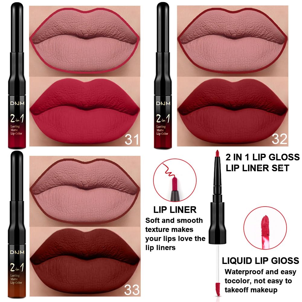 evpct 3Pcs Dark Ruby Brown Rose red Lip Stain Paint Matte Lip Liner and Lipstick Set Long Lasting labiales matte mate larga duracion listip 24 hours a prueba de agua mate 24 horas originales-Velvo Beauty