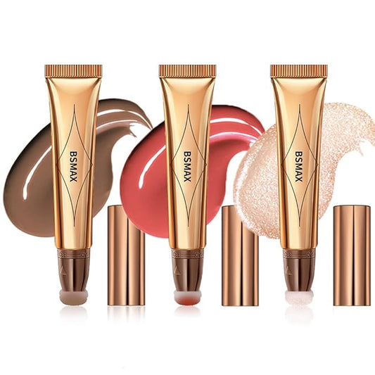 3 Pcs Liquid Contour Beauty Wand Set, Contour & Blush & Highlighter Stick with Cushion Applicator， Attached Easy to Blend, Long Lasting & Smooth Natural Matte Finish (01#03#04)-Velvo Beauty