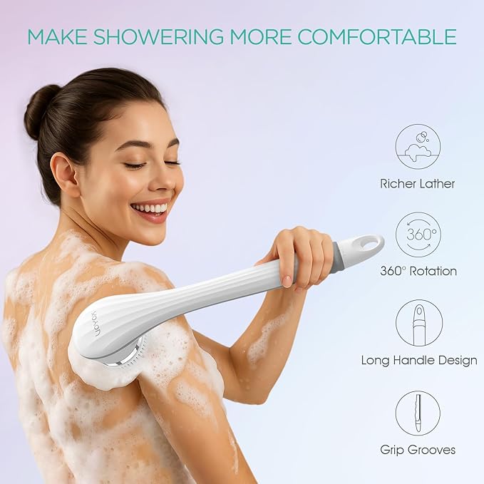 VOYOR Electric Body Brush Back Scrubber for Shower Rechargeable Exfoliating Bath Brush Powered Shower Brush with Non-Slip Long Handle Deep Cleansing, Exfoliation, Massaging Spin Brush BC100 (Gery)-Velvo Beauty