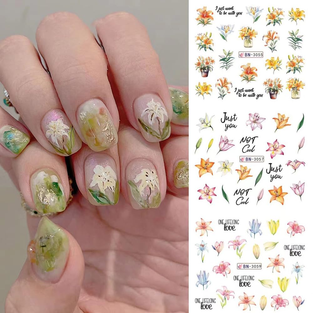 12 Designs Flower Nail Art Stickers - Lily Acrylic Decals for Spring Summer Decorations - Colorful Assorted Floral Water Transfer Slider Foil Sticker for Women-Velvo Beauty