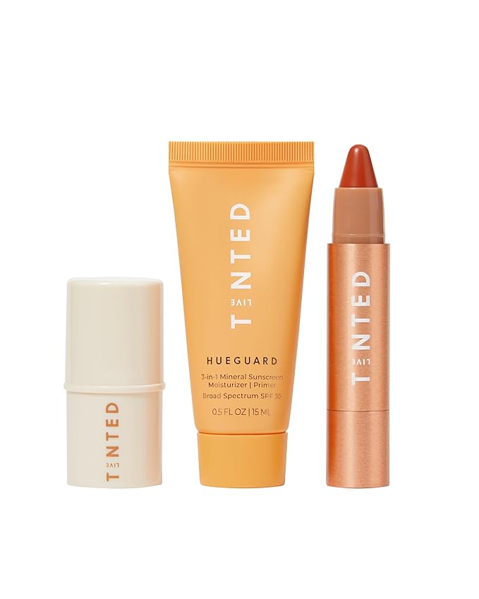 Live Tinted Hyperpigmentation Essentials Glow Up Set: Includes Mini Superhue Hyperpigmentation Serum Stick, Mini Hueguard 3-in-1 Mineral SPF 30, and Full-sized Huestick in Rise, 3-Piece Set-Velvo Beauty