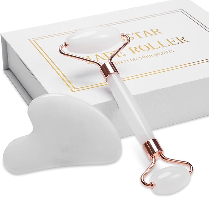 Jade Roller for Face, Facial Roller Massager Skin Care Tool, Gua Sha Facial Tools for Face, Neck, Eyes, Reduce Puffiness of The Skin - White-Velvo Beauty