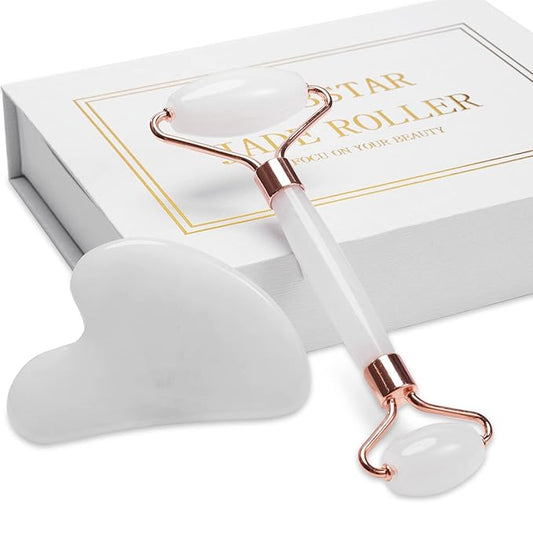 Jade Roller for Face, Facial Roller Massager Skin Care Tool, Gua Sha Facial Tools for Face, Neck, Eyes, Reduce Puffiness of The Skin - White-Velvo Beauty