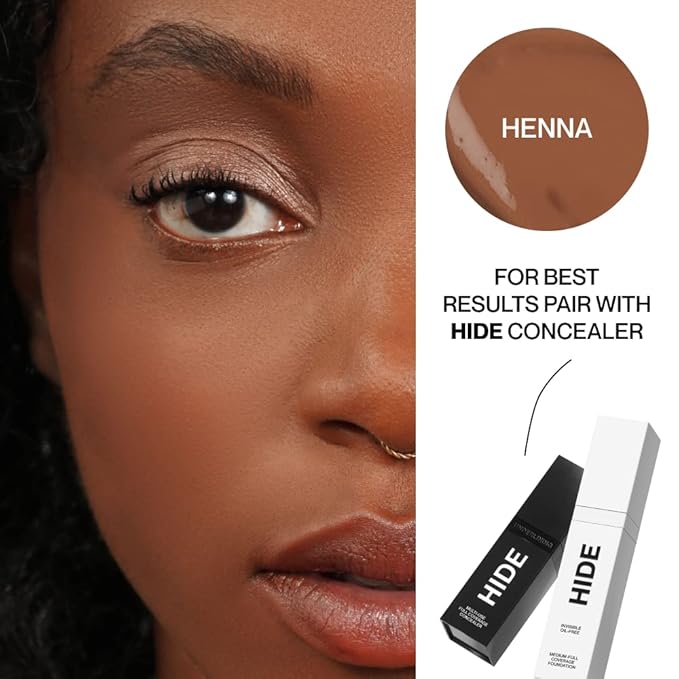 HIDE PREMIUM Liquid Foundation, SEE SHADE FINDER Below For Perfect Match, Multi-Use Waterproof Foundation, Medium/Full Coverage Foundation, Oil Free – We Have a Shade For All Skin Types, 1 fl. Oz. (Henna).-Velvo Beauty
