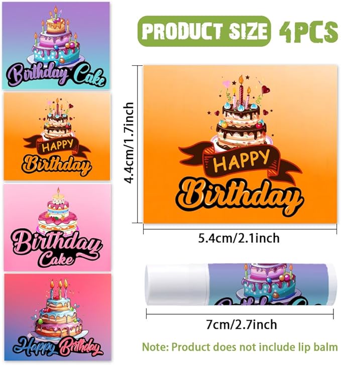 OLYCRAFT 100Pcs 4 Styles Lipstick Tag Stickers Birthday Cake Lip Balm Label Sticker 2.1x1.7 inch Self Adhesive Lipstick Labels with Happy Birthday for Lip Balm Container Tubes Wrapping Decorations-Velvo Beauty