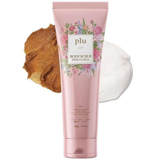 PLU Korean Walnut Body Scrub Pink Floral with Manuka Honey - Exfoliating & Moisturizing & Firming Glow - for Acne, Cellulite, Stretch Marks, Spider Veins, Fresh & Elegance Rose Scent 6.76 oz.-Velvo Beauty