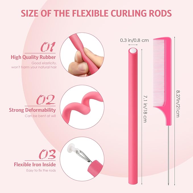 Syhood 30 Pieces Flexible Curling Rods Twist Hair Rollers Soft Foam Rods No Heat and 1 Pcs Steel Rat Tail Comb for Women Long and Short Hair(7 x 0.3 Inch,Pink)-Velvo Beauty