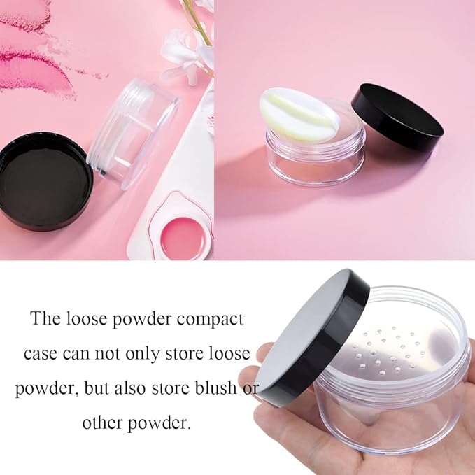 HAHIYO 2Pcs 50ml/1.69oz Plastic Empty Travel Powder Container Large Loose Powder Compact Case Makeup Cosmetic Jar Refillable Powder Box No Leak Powder Holder with Common Sifter and Black Screw Lid-Velvo Beauty