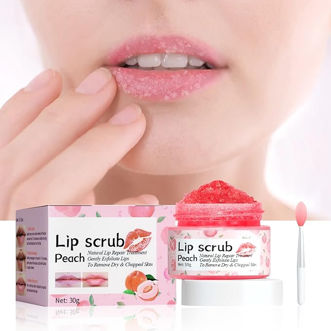 Lip Scrub, Lip Scrubs Exfoliator & Moisturizer,Lip Scrub for Dark Lips,Natural Sugar Lip Scrub with Lip Brush,Repair Cracked Lips,Chapped Lips (Peach)-Velvo Beauty