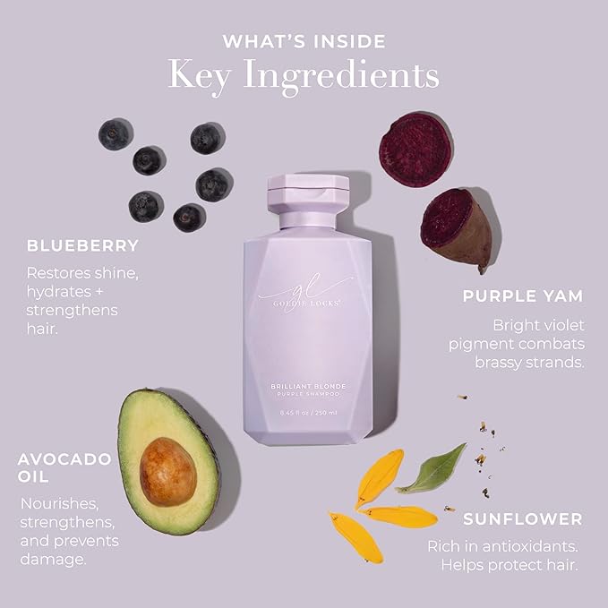 Goldie Locks Brilliant Blonde Purple Shampoo for Blonde, Lightened, Grey Hair, Extensions, Significantly Brightens, Tones, Eliminates Brass, Sulfate-Free, Nourishing, Moisturizing Leave-In, 33.8 Fl Oz-Velvo Beauty