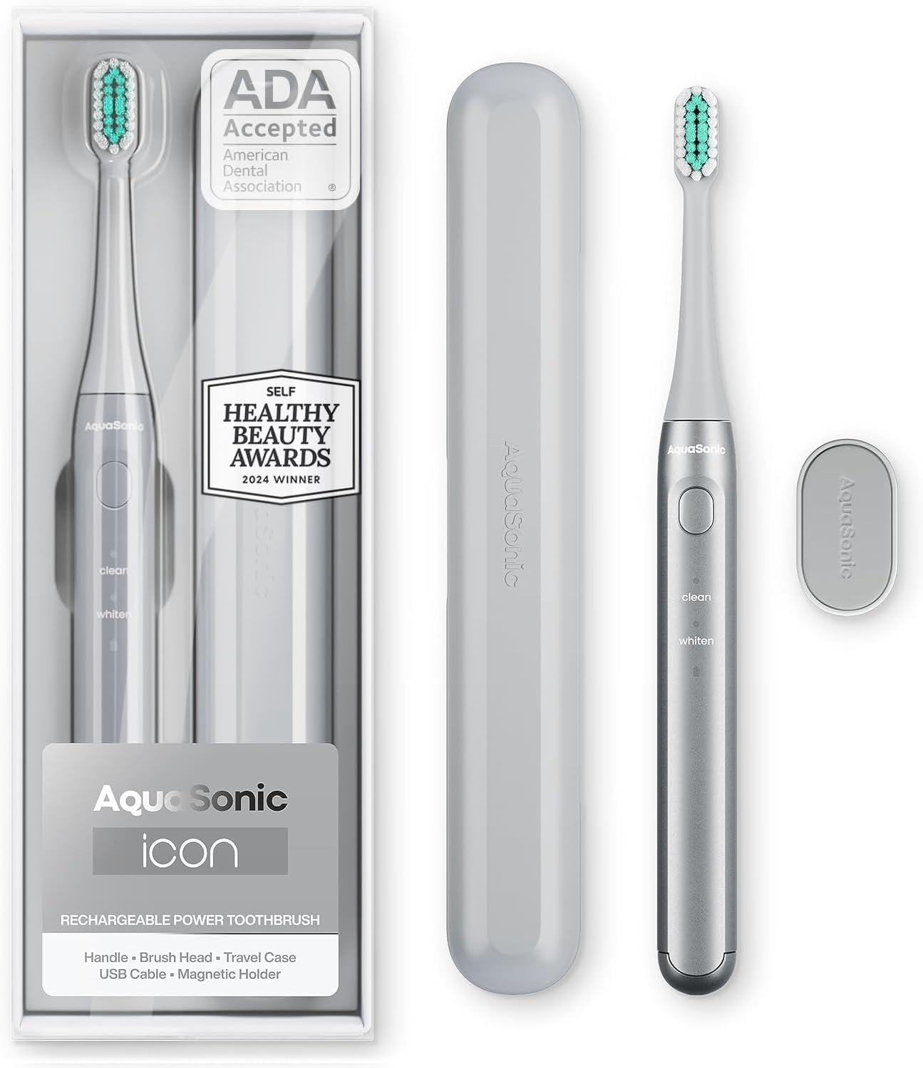 Aquasonic Icon ADA-Accepted Rechargeable Toothbrush | Magnetic Holder & Slim Travel Case | 2 Brushing Modes & Smart Timers | Gentle Micro-Vibrations (Stone)-Velvo Beauty