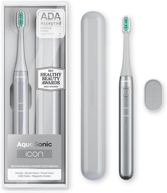 Aquasonic Icon ADA-Accepted Rechargeable Toothbrush | Magnetic Holder & Slim Travel Case | 2 Brushing Modes & Smart Timers | Gentle Micro-Vibrations (Stone)-Velvo Beauty