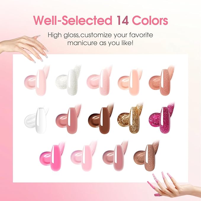 ROSALIND 14 Colors Poly Nail Gel Kit with Mini Nail Lamp Pink Brown Poly Nails Gel Kit Starter Kit With Slip Solution Kit Pink Extensions Gelfor Nail Manicure Beginner-Velvo Beauty