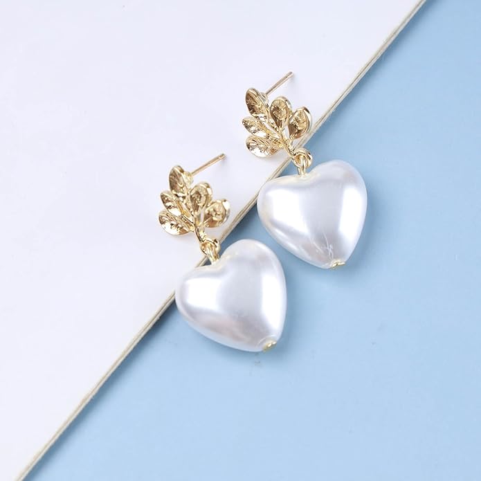 Vintage Pearl Heart Dangle Earrings Heart Pearl Drop Earrings Gold Leaf Stud Earrings Heart Love Earrings Jewelry for Women-Velvo Beauty
