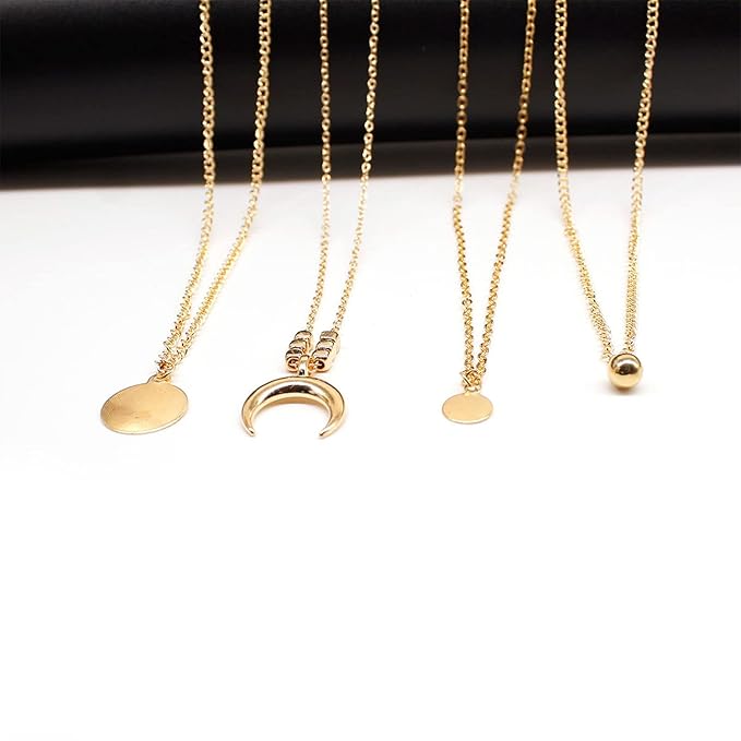 Bohemia Layered Coin Choker Necklace Moon Crescent Pendant Necklace Chain Gold Tiny Ball Necklace Multi Layer Disc Necklace Chain Jewelry for Women and Girls-Velvo Beauty