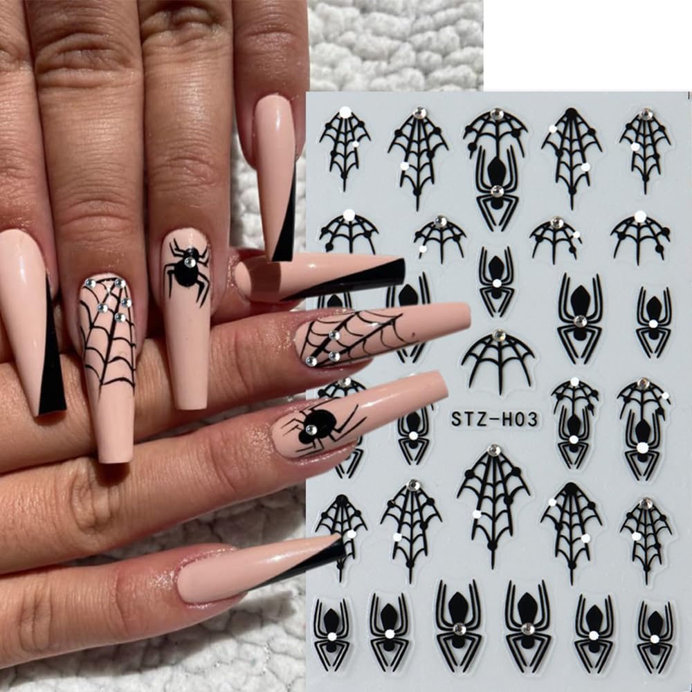3 Sheets Halloween Nail Art Stickers Black Spider Nail Stickers for Nail Art 3D Self-Adhesive Black Spider Web with Diamond Design Halloween Nail Charms Goth Decorations for Women DIY-Velvo Beauty