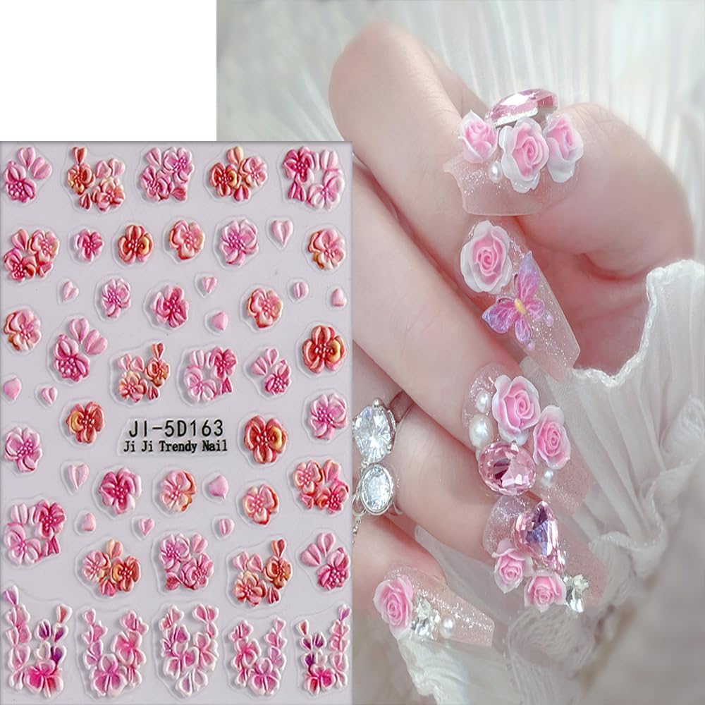 4 Sheets 5D Flower Nail Art Sticker Stereoscopic Floral Self-Adhesive Nails Stickers Blossom Nail Art Decals Holographic Flowers Decal for Women Pink Blue Red Manicure Stickers DIY Nails Supplies-Velvo Beauty