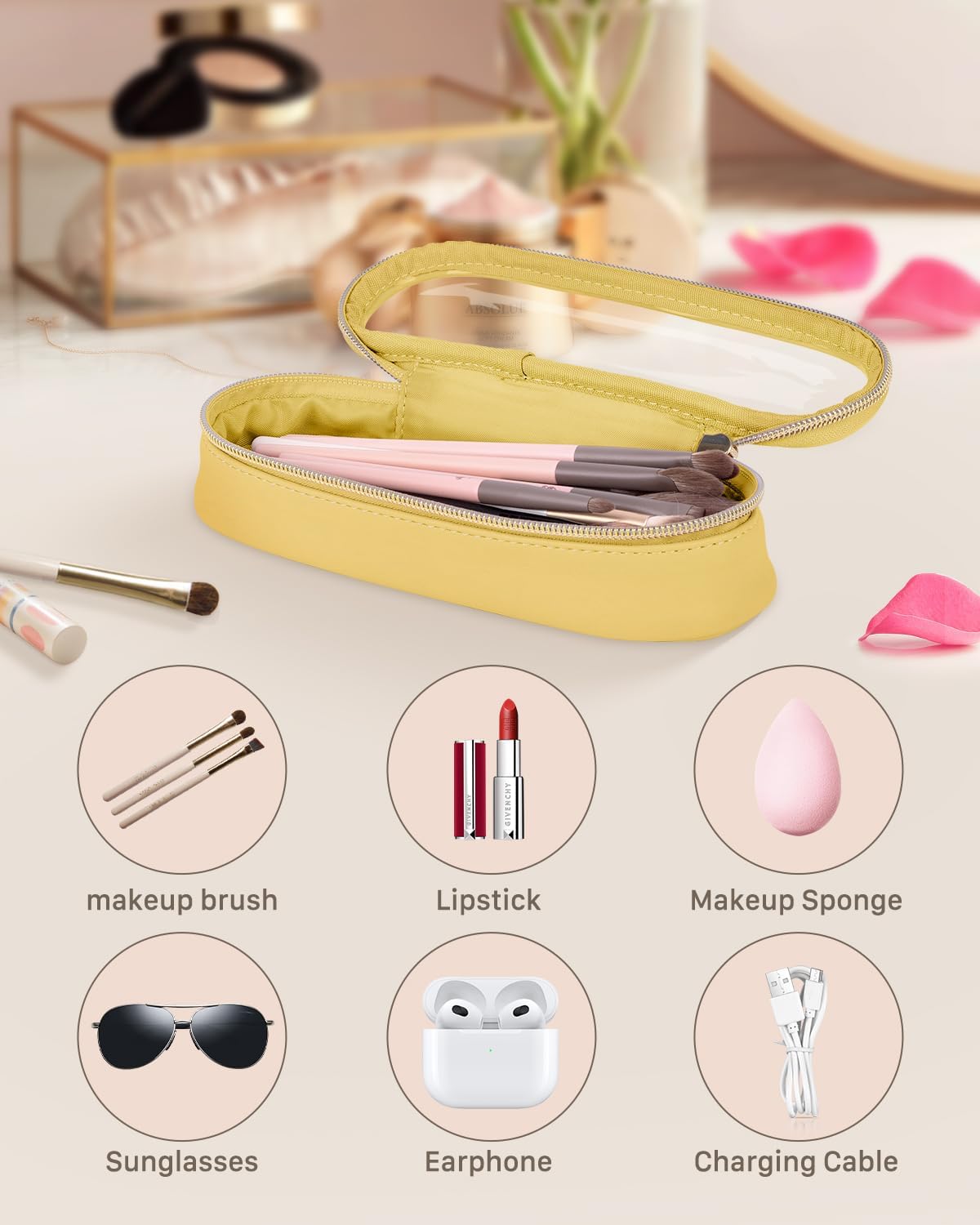 Clear Travel Makeup Brush Holder, Leather Makeup Brush Toiletry Bag, Portable Cosmetic Brush Case, Transparent Waterproof Makeup Brush Storage Bag, Yellow-Velvo Beauty