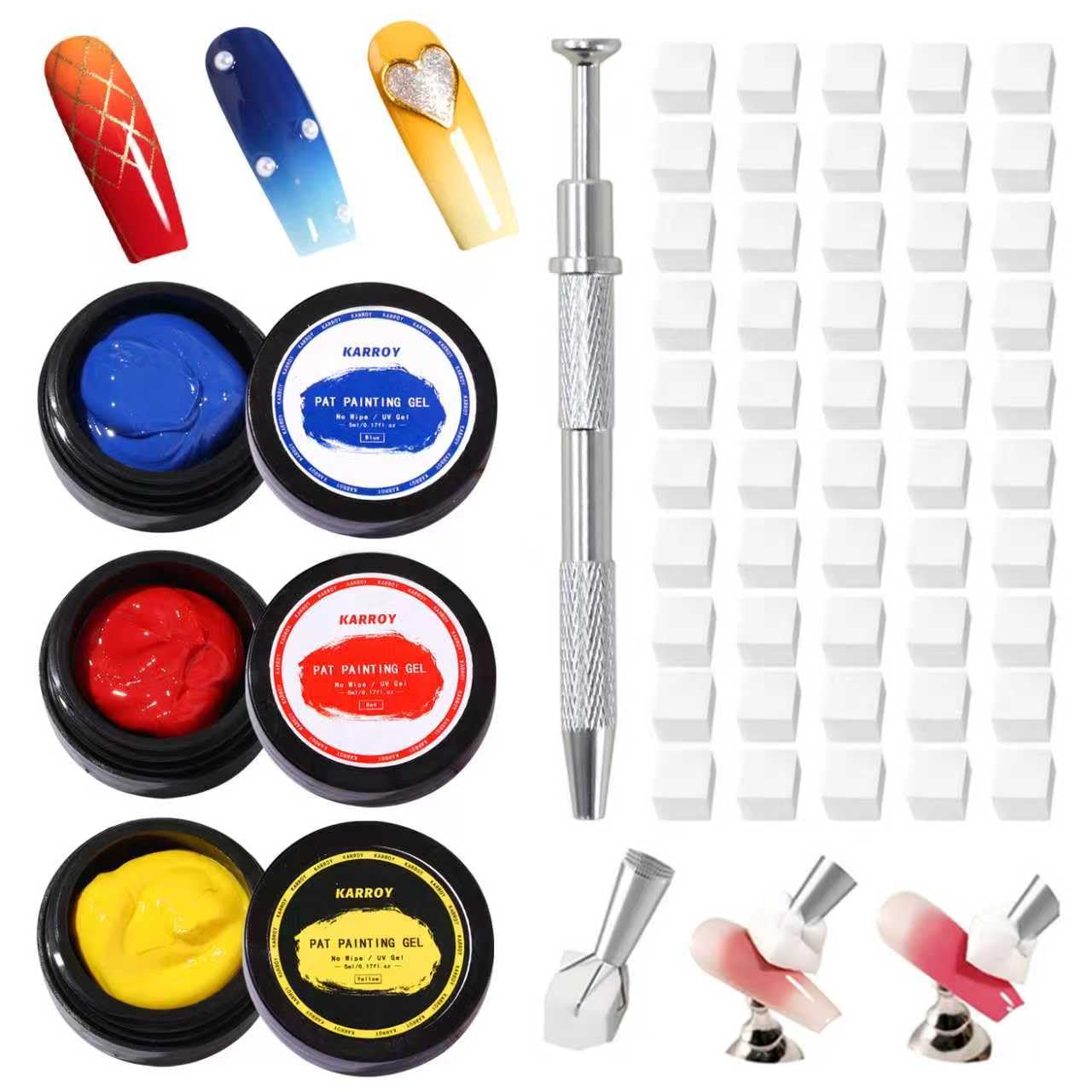 Sponge Patting Painting Nail Gel Set, 50PCS Sponges with Grabber for Ombre Gradient Nails, Blending Mixing Colors Blue Red Yellow, Aurora Nails Art Design (50Sponges & Grabber & 3PrimaryColors)-Velvo Beauty