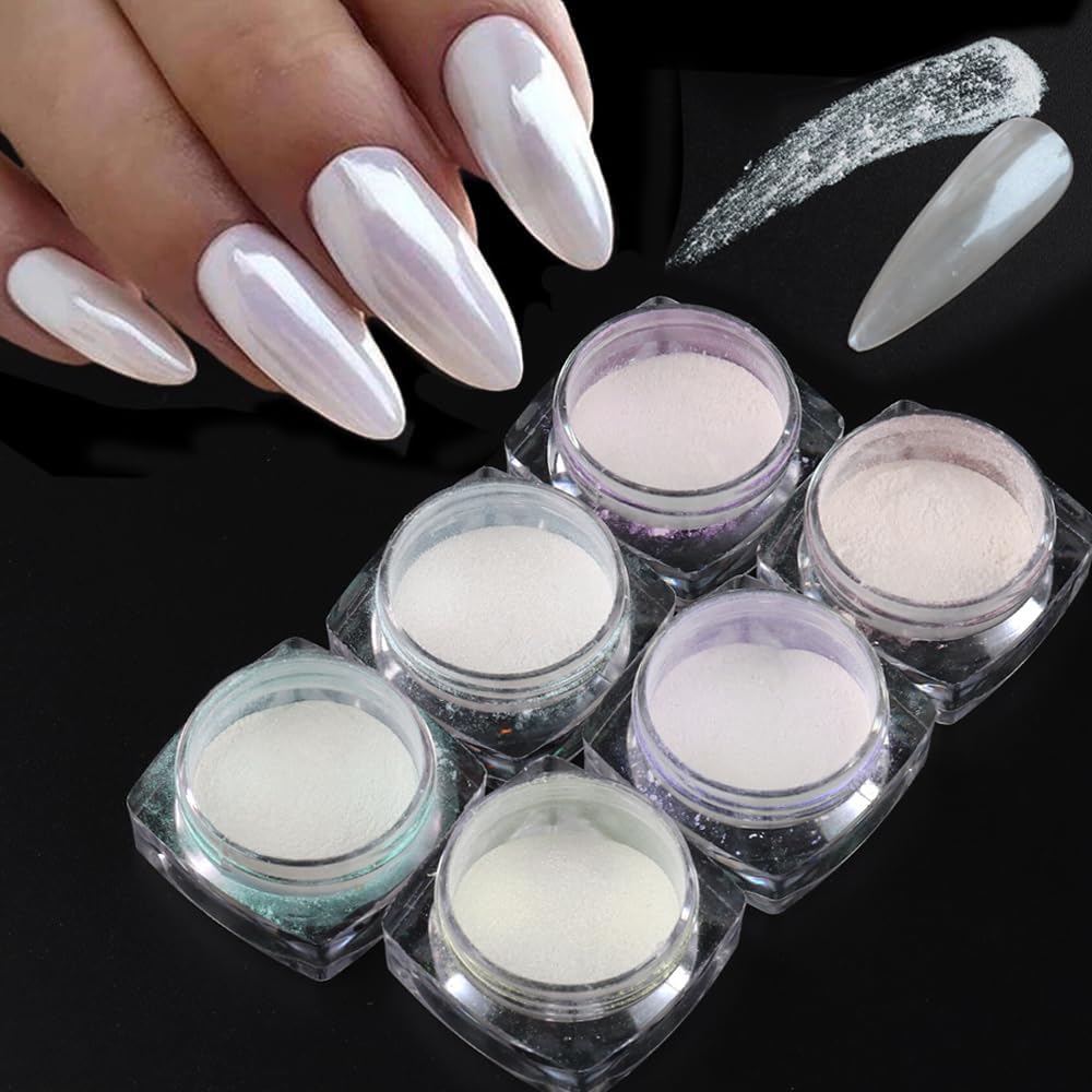 6 Colors Pearl Chrome Nail Powder,Aurora Mermaid Iridescent Powder Set, Metallic Mirror Effect Glitters Pigment for Gel Polish Nail Art Decorations-Velvo Beauty