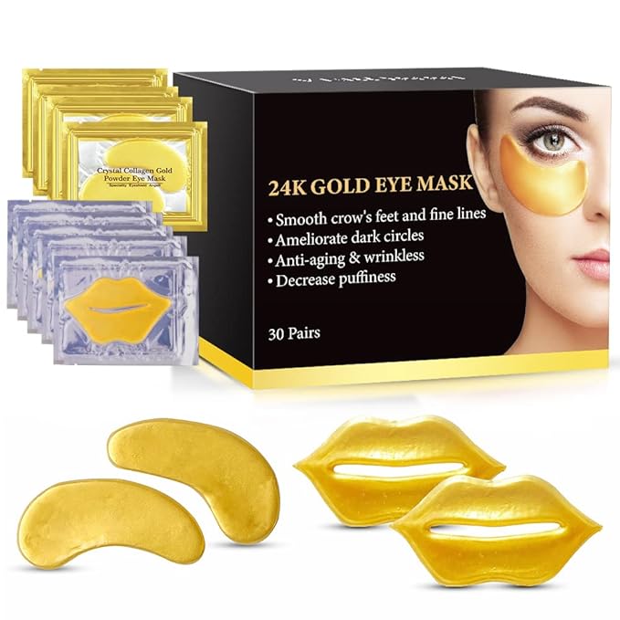VERONNI Eye Lip Mask Set -20pcs Under Eye Patches,10pcs Gold Lip Mask -24K Gold Crystal Eye Lip Pads Treatment for Dry Lip,Dark Circles Eyes Moisturizing, Hydrating(Gold Eye Lip Mask Set)-Velvo Beauty