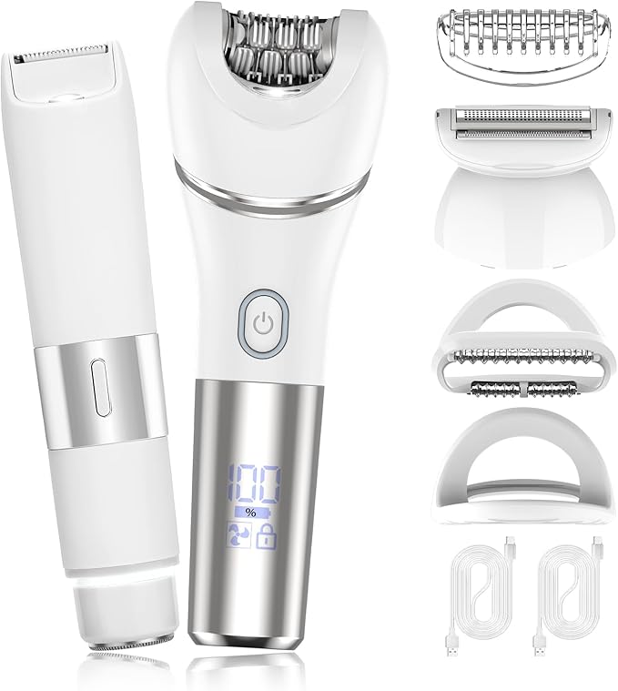 Epilators Hair Removal for Women-2 in 1 Eletctric Razors for Women,Dual Head Bikini Trimmer for Pubic Hair/Lady Facial Razor,Cordless Epilator Body Shaver for Smooth Wet/Dry Shaving,Led Light-Velvo Beauty