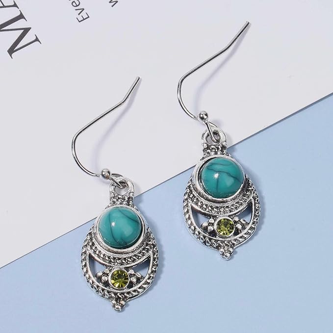 Boho Ethnic Turquoise Drop Earrings Silver Teardrop Turquoise Earrings Gemstone Hook Earrings Retro Drop Dangle Earrings Jewelry for Women and Girls-Velvo Beauty