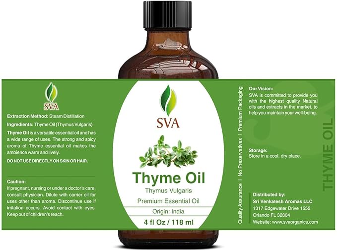 SVA Thyme Essential Oil – 4 Fl Oz – 100% Natural Thyme Oil - for Diffuser, Hair Care, Face, Skin Care, Aromatherapy, Scalp and Body Massage, Soap and Candle Making – with Dropper-Velvo Beauty