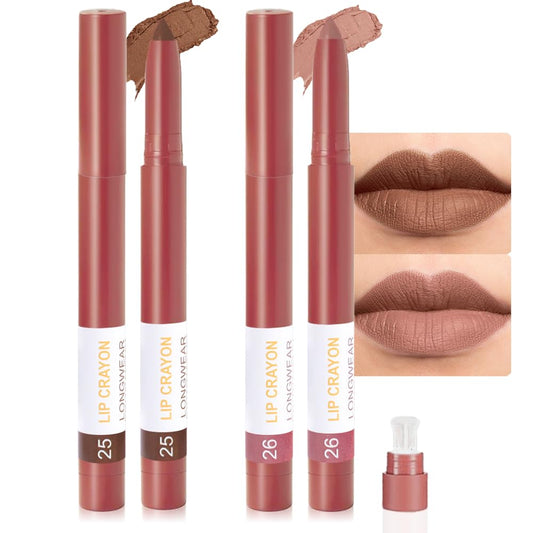 BINGBRUSH Matte Lip Crayon Set – Longwear, Waterproof, Velvet Finish, Built-in Sharpener, Smooth Lip Liner & Gloss (25#+26#, 2 Count (Pack of 1))-Velvo Beauty