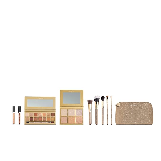 Sigma Beauty Ambiance Complete Collection - 14 Buttery Eyeshadow Powders, Highlighter Palette with 6 Metallic Highlighters, 2 Hydrating Lip Gloss, & 5 Makeup Brushes - Full Makeup Set-Velvo Beauty