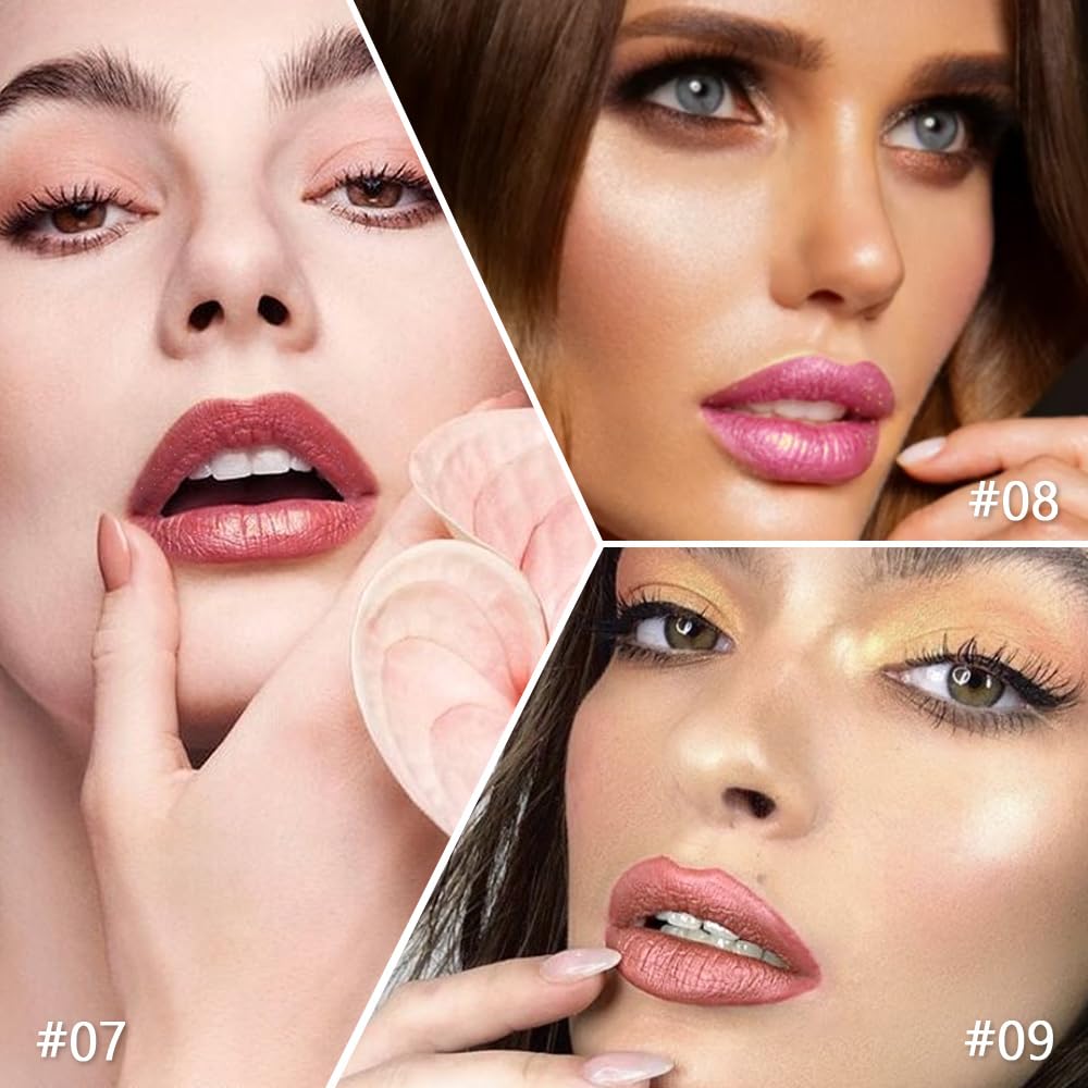 3Pcs Nude Pink Metallic Lipstick Lip Gloss for Women Set,Lightweight Shimmer Frosted Long Lasting Lipstick,Glitter Lip Stain Waterproof Smudge Proof 24 Hour Full Coverage Lip Makeup,Vegan（07,08,09)-Velvo Beauty