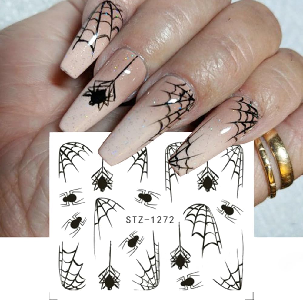 Halloween Nail Art Stickers Water Transfer Nail Decals 12Pcs Halloween Pumpkin Skeleton Spider Ghost Maple Leaf Designer Slider Nail Foils Fall Watermark Decals for Nail Manicure Accessories for Women-Velvo Beauty