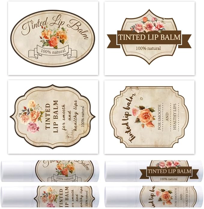 OLYCRAFT 100Pcs Self-Adhesive Lip Balm Tag Stickers 1.7x2.1 inch Vintage Flower Waterproof Adhesive Label with Word Lipstick Tag Sticker for Lip Balm Container Tubes Lipstick Wrapping Decoration-Velvo Beauty