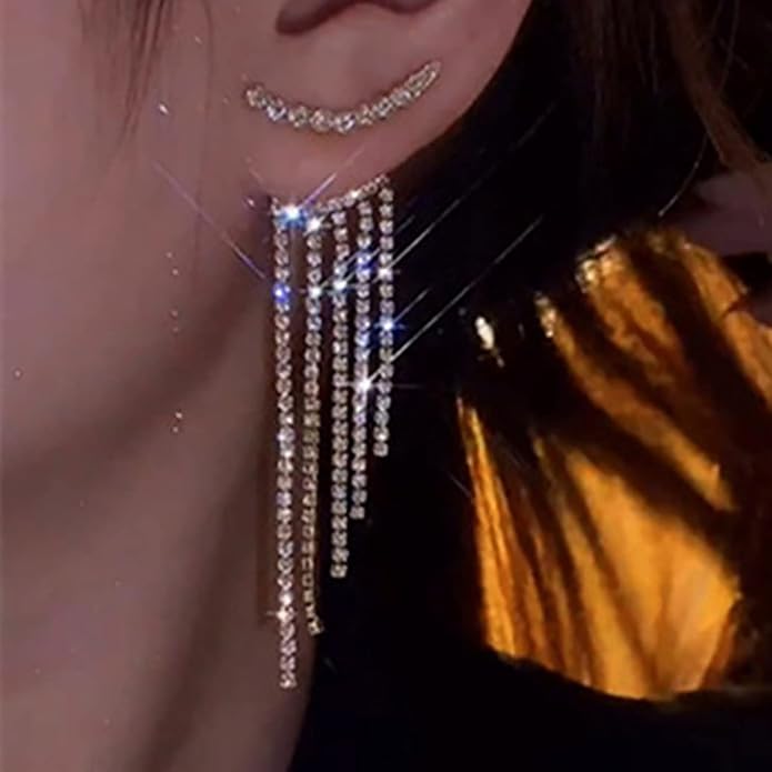 Vintage Rhinestone Chandelier Drop Earrings Crystal Ear Climber Earrings Long Tennis Chain Earrings Silver Cz Tennis Chain Tassel Earrings Jewelry for Women-Velvo Beauty