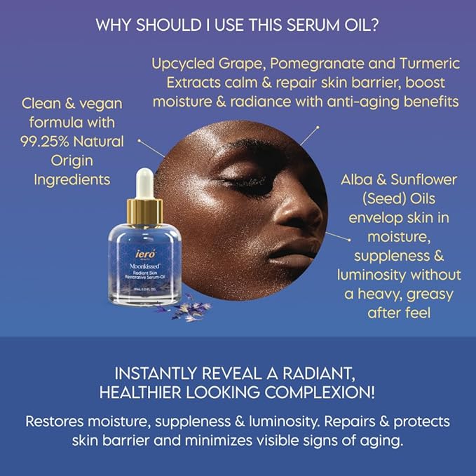 ieró Beauty Moonkissed Radiant Skincare Restorative Serum Oil | Face Moisturizer | Hydrating Face Oil | Anti Aging | Restore Suppleness | All Skin Types | Paraben & Silicone Free, 1 FL OZ/30ML-Velvo Beauty
