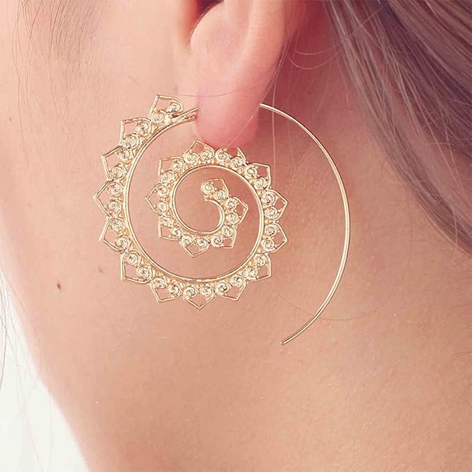 Bohemia Mandala Spiral Earrings Gold Vortex Gear Earrings Exaggerated Hoop Earrings Large Circular Swirl Earrings Indian Tribal Earrings Jewelry for Women and Girls-Velvo Beauty