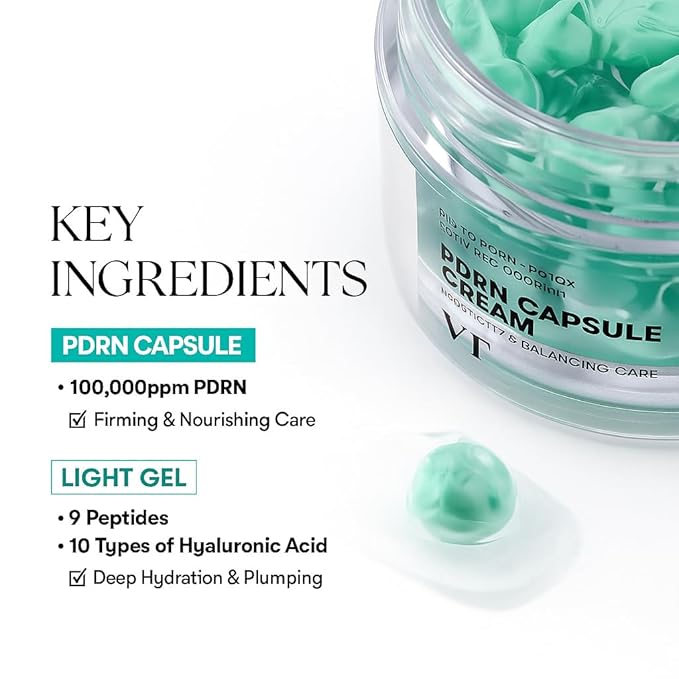 VT COSMETICS PDRN Capsule Cream 100, Hydrating Face Moisturizer with 100,000ppm PDRN, Hyaluronic Acid, 9 Peptides, Firming & Plumping Nourishing Cream, Korean Skin Care (1.69 fl. oz.)-Velvo Beauty